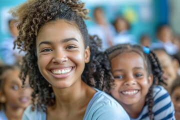 Mom and daughter look at the camera and smile