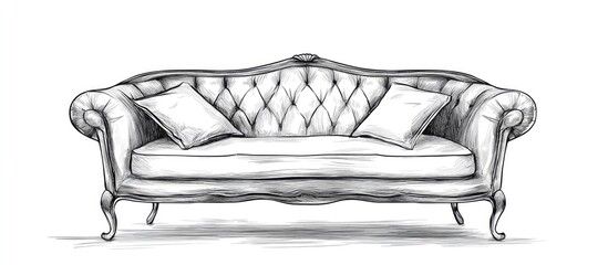 Single sofa line art sketch in a classic vintage design style illustration