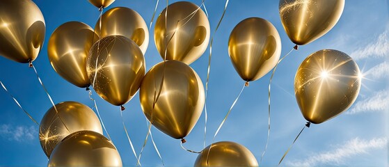 Wall Mural - Golden Balloons Soaring in Blue Sky