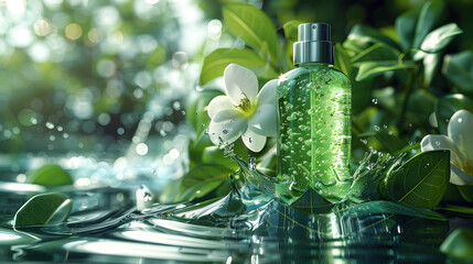 A bottle of green beauty product sits in a pool of water with a splash of water behind it. Green foliage surrounds the bottle and there is a white flower floating on the water