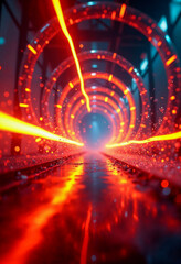 Poster - Futuristic Neon Light Tunnel - Digital Abstract Background