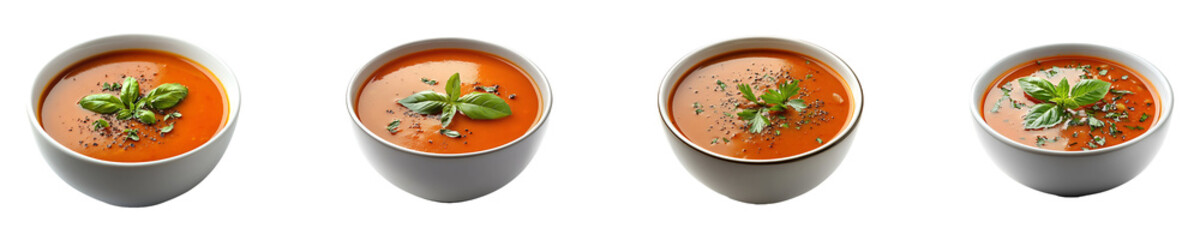 Set, collection of Bowl of tomato soup isolated on transparent background.