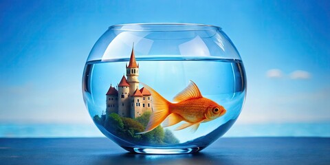 A solitary orange goldfish swims leisurely around a small buoyant castle decoration in a clear glass bowl filled with calm, rippling blue water.