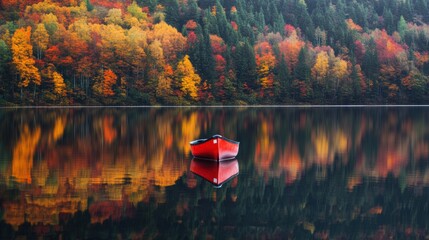 Wall Mural - Kayak boat in still quiet lake water with colorful Autumn foliage