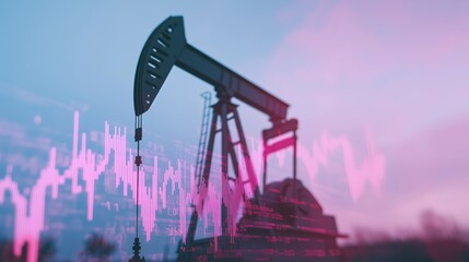 Wall Mural - Energy trading and financial forecasting with oil pump jack silhouette at dusk