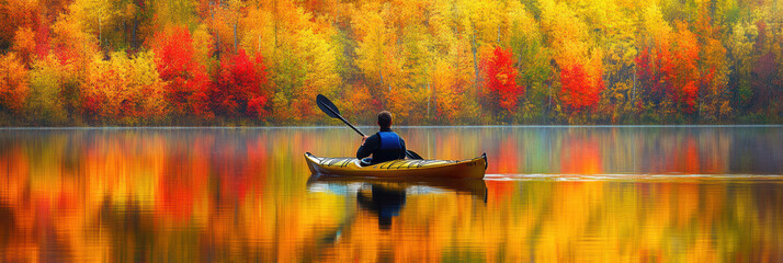 Wall Mural - A person kayaking in water with colorful Autumn foliage woods