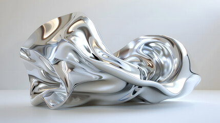 3D render of fluid metal shapes, twisted silver and shiny chrome, isolated on white background, in the style of close