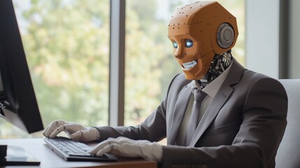 Wall Mural - Friendly smiling robot in business suit working on computer in office