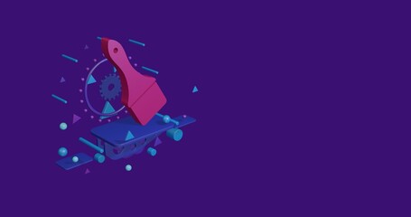 Poster - Pink paint brush symbol on a pedestal of abstract geometric shapes floating in the air. Abstract concept art with flying shapes on the left. 3d illustration on deep purple background