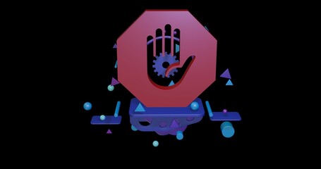 Poster - Red stop hand symbol on a pedestal of abstract geometric shapes floating in the air. Abstract concept art with flying shapes in the center. 3d illustration on black background