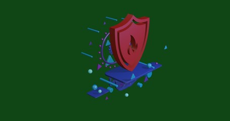 Poster - Red fire protection symbol on a pedestal of abstract geometric shapes floating in the air. Abstract concept art with flying shapes in the center. 3d illustration on green background