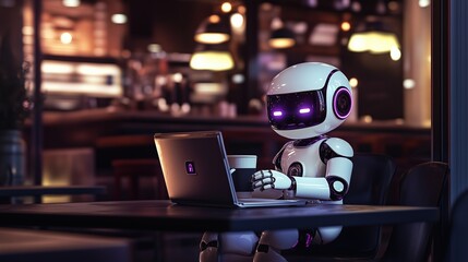 Futuristic ai robot with purple accents enjoying coffee in modern café setting