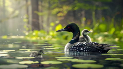 Adult loon caring for its baby chick in a serene lake setting with space for text or graphics. Copy space image. Place for adding text and design