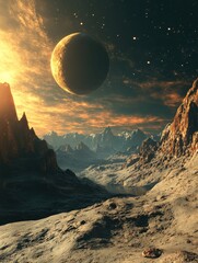 Wall Mural - View of an extraterrestrial world accompanied by a natural satellite in the distance Sci fi theme fantasy 3D rendering