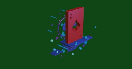 Poster - Red ace of spades card on a pedestal of abstract geometric shapes floating in the air. Abstract concept art with flying shapes in the center. 3d illustration on green background
