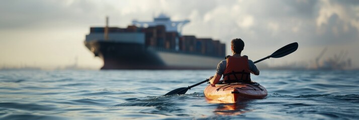 Wall Mural - A person kayaking in tropical sea water with cargo ship