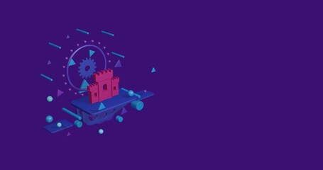 Poster - Pink castle symbol on a pedestal of abstract geometric shapes floating in the air. Abstract concept art with flying shapes on the left. 3d illustration on deep purple background