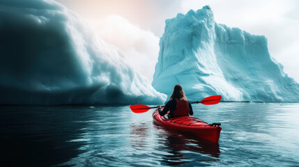 Wall Mural - A kayaker boating in sea water with iceberg.