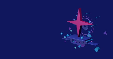 Poster - Pink star symbol on a pedestal of abstract geometric shapes floating in the air. Abstract concept art with flying shapes on the right. 3d illustration on indigo background