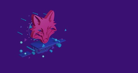 Poster - Pink fox's head symbol on a pedestal of abstract geometric shapes floating in the air. Abstract concept art with flying shapes on the left. 3d illustration on deep purple background