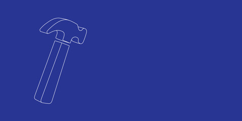 Poster - The outline of a large hammer symbol made of white lines on the left. 3D view of the object in perspective. Vector illustration on indigo background