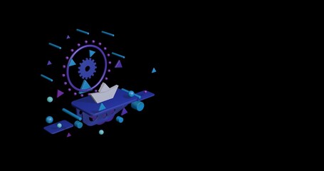 Poster - White paper boat symbol on a pedestal of abstract geometric shapes floating in the air. Abstract concept art with flying shapes on the left. 3d illustration on black background