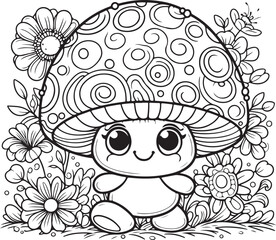  A mushroom lineart coloring book illustration for kids