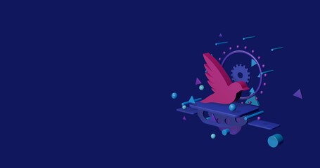 Poster - Pink bird symbol on a pedestal of abstract geometric shapes floating in the air. Abstract concept art with flying shapes on the right. 3d illustration on indigo background