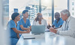 © peopleimages.com - Medicine, team and people in meeting in office for healthcare planning, health management or diversity. Doctor, nurse collaboration or professionals in boardroom for diagnosis treatment or cardiology