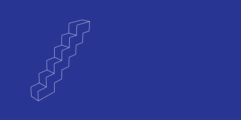 Poster - The outline of a large stairs symbol made of white lines on the left. 3D view of the object in perspective. Vector illustration on indigo background