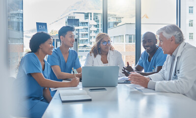 Aufkleber - Medicine, team and people in meeting in office for healthcare planning, health management or diversity. Doctor, nurse collaboration or professionals in boardroom for diagnosis treatment or cardiology