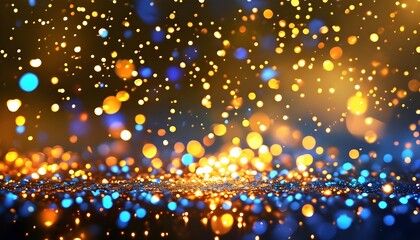 Magical gold confetti and glitter sparks creating a luminous abstract background of celebration and joy with bright bokeh effects