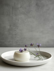 Wall Mural - A minimalist arrangement featuring a white bowl and lavender flowers on a simple plate.