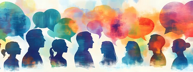 Wall Mural - A group of people standing in front, with colorful speech bubbles above their heads in different colors and shapes