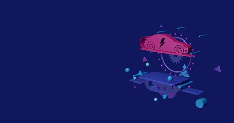 Wall Mural - Pink electric car symbol on a pedestal of abstract geometric shapes floating in the air. Abstract concept art with flying shapes on the right. 3d illustration on indigo background