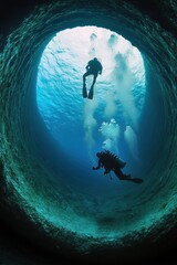 Wall Mural - Diver exploring underwater rocky cave in deep sea.