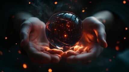 Poster - a person holds a glowing crystal orb surrounded by sparks in a darkened space, showcasing magical il