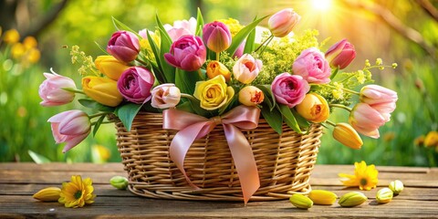 A vibrant bouquet of pink and yellow roses, tulips, and daisies in a woven basket, surrounded by lush greenery and flowing ribbons, exudes warmth and elegance.