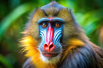 a vibrant, colorful mandrill monkey with distinctive blue and red facial markings and shaggy fur obs
