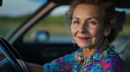 Joyful senior woman embracing life and travel in a colorful car journey