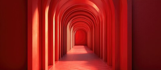 Abstract red surreal 3D rendering featuring an arch corridor with a vertical background Surreal interior illustration in three dimensions