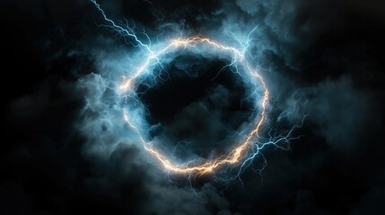 Mystical blue electric portal in dark stormy clouds for sci-fi design