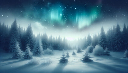 Winter landscape featuring a dense forest of snow covered pine trees under a night sky with stars