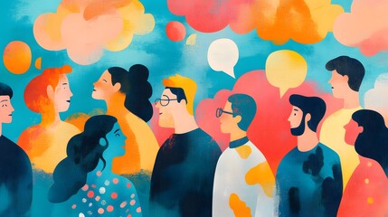 Wall Mural - A group of people standing in front, with colorful speech bubbles above their heads in different colors and shapes