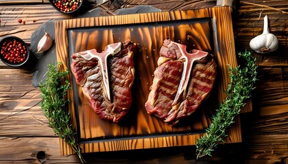 Succulent rib eye steaks on wooden board, prepared for grilling, showcasing marbled beef and spices in rustic kitchen setting