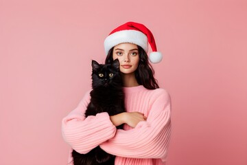 Woman cuddling cat with santa hat isolated on pink background. Christmas and New Year celebration. Winter holiday concept. Greeting card, banner with copy space. Studio portrait