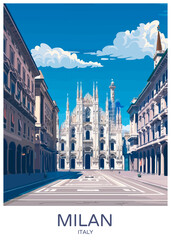 Wall Mural - Milan Italy Poster Illustration Travel Print Decor Gift Paper Canvas Wall Retro Art