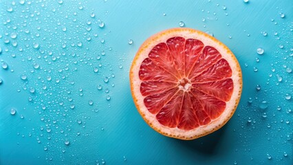 Half opened grapefruit with water drops on light blue background , refreshing, slice, pink grapefruit, summer, citrus, juicy