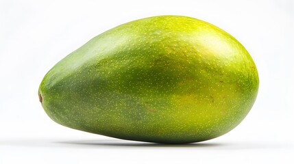 A vibrant green mango isolated on a white background, highlighting its smooth skin texture and gradient colors under focused studio lighting for high-definition fruit photography.