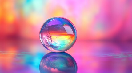 Wall Mural - Colorful glass orb reflecting vibrant hues against a softly blurred background during a bright daytime setting